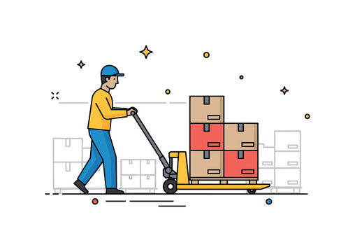 Materials handling operation with a worker guiding a pallet jack carrying stacked boxes across a warehouse floor. The scene reflects efficient movement of