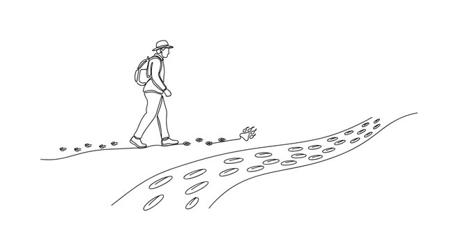 Wildlife Trail Tracking. Minimalistic one-line drawing person walking along animal trail observing signs of predator presence, continuous single black line on