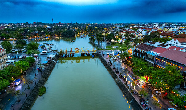 Aerial view of Hoi An Old Town on Thu Bon river, Vietnam
