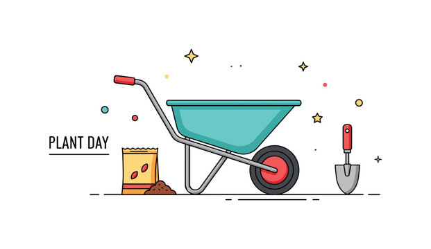 Wheelbarrow ready for planting empty garden wheelbarrow waiting beside a small packet of seeds and a hand trowel. A subtle label Plant Day suggests preparation