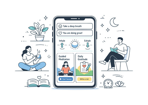 Mental health app interface. A smartphone displaying calming notifications, breathing icons, and resource cards. A modern editorial scene about guided support