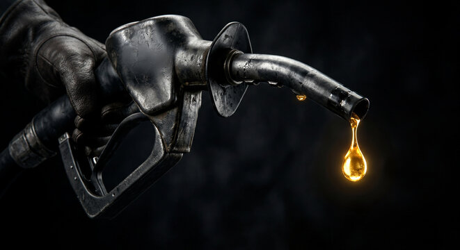 Gloved hand holding a weathered gas pump nozzle with a single glowing golden drop of fuel. Concept of oil scarcity, high energy prices, liquid gold, and the 2026 global energy crisis.