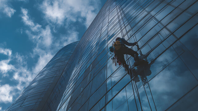 A window washer in silhouette scales a skyscraper's exterior against a backdrop of blue sky and clouds