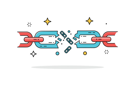 Separation chain being broken in the middle representing freedom, separation, and detachment from constraints or bonds. Decorative stars and tiny chain icons