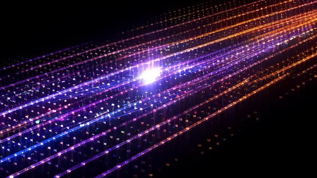 Sparkling data stream light trail digital matrix neon corridor particle glow sparkling data stream neon grid digital pathway particle glow glowing diagonal light trails purple orange creating