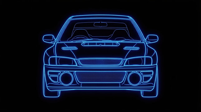 Abstract glowing neon wireframe illustration of a legendary Japanese AWD turbo rally coupe on a black background, synthwave cyberpunk automotive design