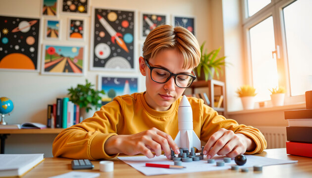 Young boy building a model rocket at a desk with colorful posters  