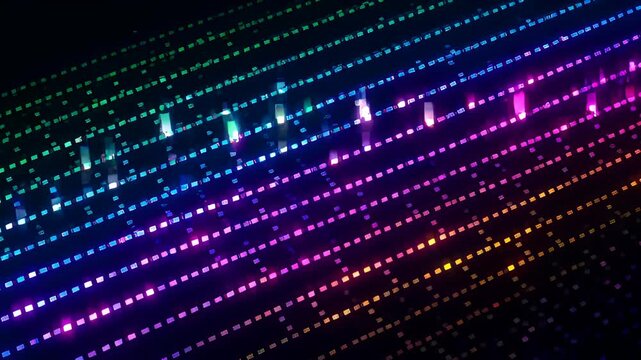 Colorful digital led strip pattern glowing in diagonal rainbow gradient with pixel square glow and bokeh accents creating vibrant abstract motion and futuristic energy