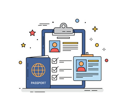 Travel documentation checklist clipboard with passport, photo ID, and small check marks representing preparation of required documents for international visa