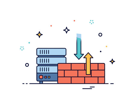 Firewall security system featuring a server behind a small brick barrier while incoming arrows stop at the wall. The scene expresses digital defense layers and