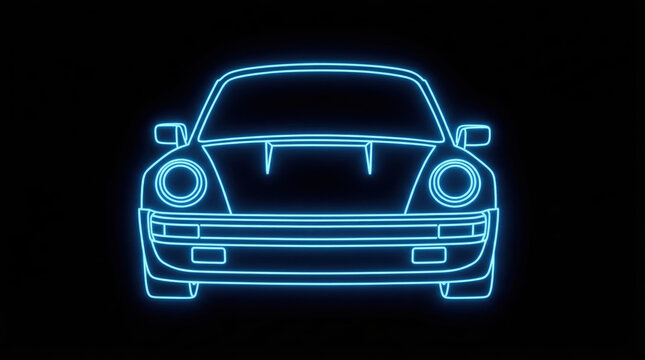 Abstract glowing neon wireframe illustration of a timeless classic German rear-engine flat-six sports car on a black background, synthwave cyberpunk automotive design