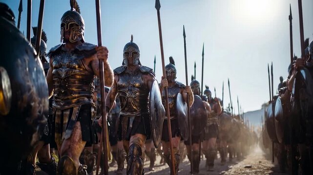 Determined line of armored Roman legion fighters advancing with shields raised portraying unity strategy and intense readiness within ancient arena setting