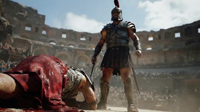 Victorious gladiator standing over defeated opponent inside grand arena conveying dramatic triumph raw power and intense competitive spirit