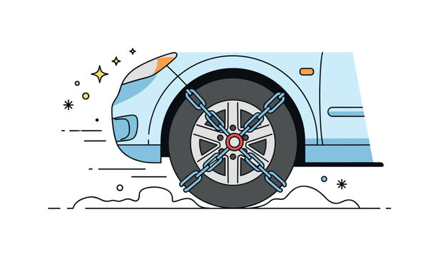 Driving with snow chains close view of a car tire equipped with metal chains gripping snowy terrain while subtle motion lines highlight stability and movement.
