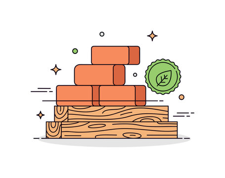 Sustainable building materials concept stack of eco friendly bricks and wooden beams with a small leaf badge symbolizing low impact construction resources. The