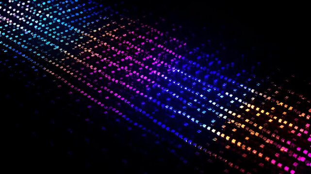 Colorful abstract LED light pattern black background creating vibrant diagonal rainbow pixel grid with glowing bokeh and futuristic mood colorful holographic sequins diagonal rows form shimmering