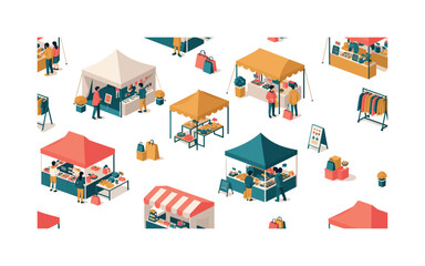 Fototapeta premium miniature pop-up markets seamless pattern, temporary stalls, customers browsing, shopping bags, display racks, signage and tents arranged in a repeating
