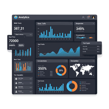 A dark UI dashboard displays web analytics with charts, graphs, and user data