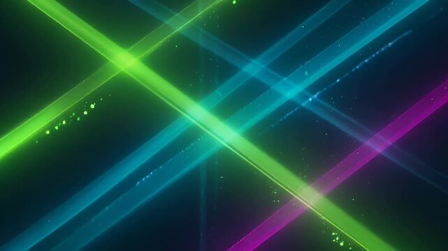 Neon light beams crossing diagonal patterns with glowing green cyan magenta streaks and glowing particles creating dynamic futuristic abstract energy vibrant streaks dark background with subtle grain