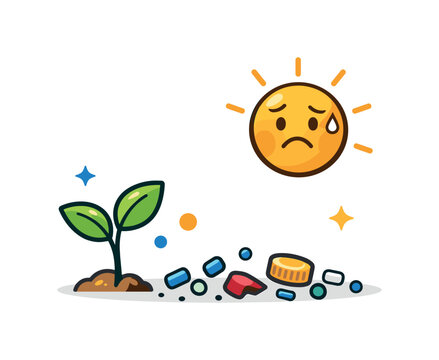 Microplastic contamination fear future outlook illustrated by a small plant growing beside scattered particles under a cautious sun, expressing concern mixed