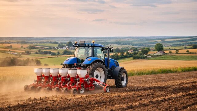 Tractor seeding crops at field.
