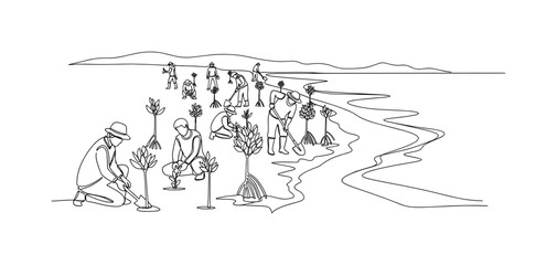 Obraz premium Coastal Reforestation. Minimalistic one-line drawing workers or volunteers planting mangroves along shoreline, continuous single black line on white