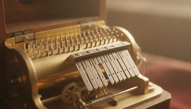 Antique mechanical music box brass cylinder and steel comb mechanism