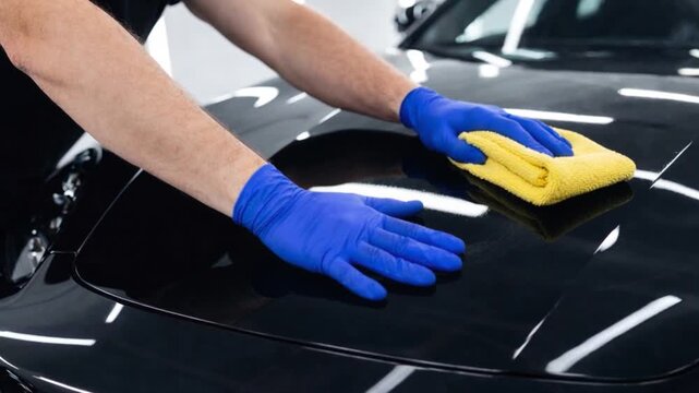 Professional detailing a car in car studio cleaning car with microfiber cloth, car detailing (or valeting) concept.

