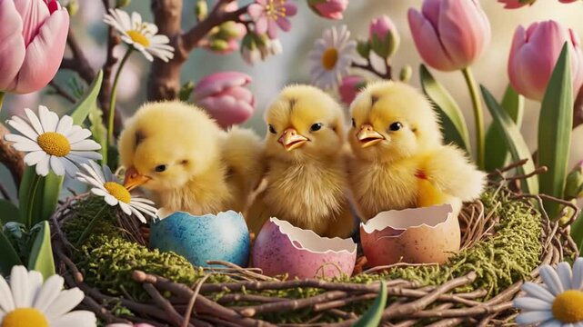 A heartwarming Easter video scene of adorable baby chicks in a nest surrounded by colorful flowers and eggs