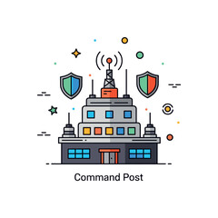 Naklejka premium Protected command center fortified building with communication antennas and shield icons representing the central command of a defended military base. A subtle