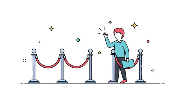 Celebrity arrival at premiere illustrated by a figure waving beside minimal stanchions and velvet ropes, expressing elegance and media spotlight energy. The