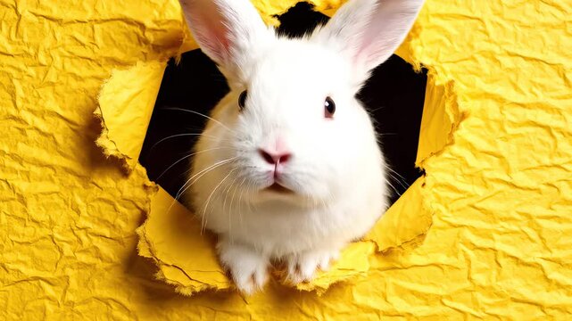 White rabbit peeking through torn yellow paper
