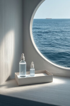 Two clear glass dropper bottles in white tray sit on windowsill with round window overlooking calm blue ocean and distant ship