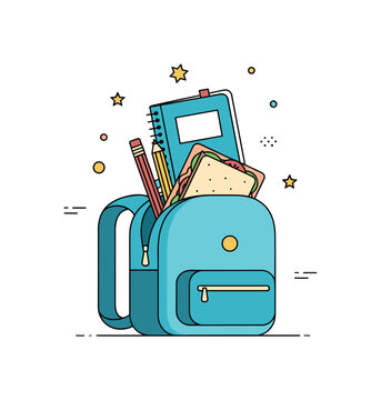 Student packing routine illustrated by a small open backpack with pencils, a notebook, and a packed sandwich sliding inside. Lighthearted school themed scene