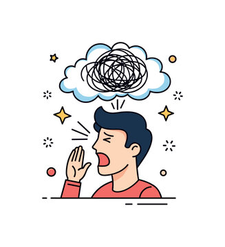 Inner turmoil person shouting while tangled lines swirl above the head forming a messy thought cloud. The scene reflects confusion, emotional overload, and