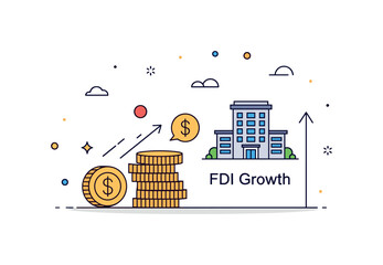 Obraz premium Cross border business investment concept centered on a stack of coins moving toward a small office building icon. A compact ?FDI Growth? text detail and gentle