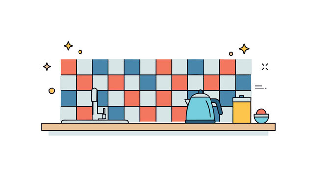 Backsplash tile kitchen interior detail with a tiled wall pattern placed behind a countertop and small kettle. The clean composition expresses everyday kitchen