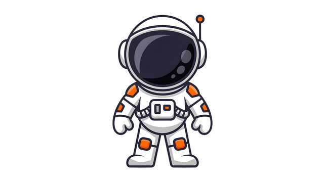 A friendly cartoon astronaut character stands in a dark space suit with a reflective visor white trim and vibrant orange details for a simple graphic illustrati