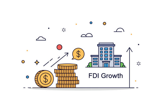 Cross border business investment concept centered on a stack of coins moving toward a small office building icon. A compact ?FDI Growth? text detail and gentle