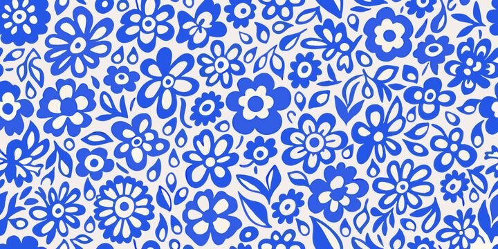 Repeating floral pattern featuring stylized blue flowers on a white background