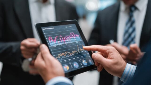 Strategic Insights: A group of business professionals collaborates, examining data and insights on a digital tablet, driving strategic decisions and innovations.