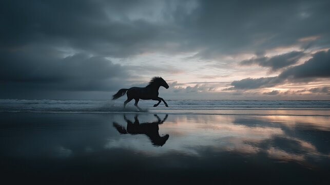 Silhouetted black horse runs galloping along wet ocean shore with waves crashing under moody cloudy sky with warm sunset reflection on water