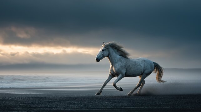 White horse runs galloping across dark volcanic sand beach with ocean waves under dramatic cloudy sky with warm golden sunset glow