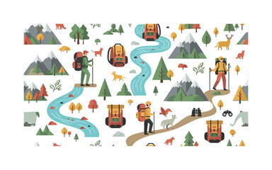 Fototapeta premium hiking adventure seamless pattern, hikers on mountain trails, backpacks, walking sticks, binoculars, rivers, trees and animals arranged in a repeating pattern,