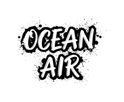 Ocean Air. lettering and all elements in black. Vector style. AWhite background. Pure white background. Perfect isolation and visual consistency. Grunge