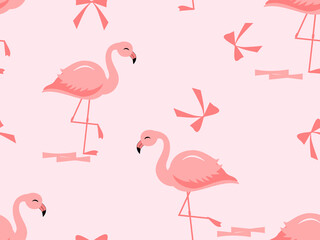 Fototapeta premium Seamless flamingo pattern with bows on pastel pink background for fabric, wallpaper, wrapping paper and textile design.