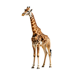 Fototapeta premium Graceful giraffe stands tall with its distinctive spotted coat against a white backdrop