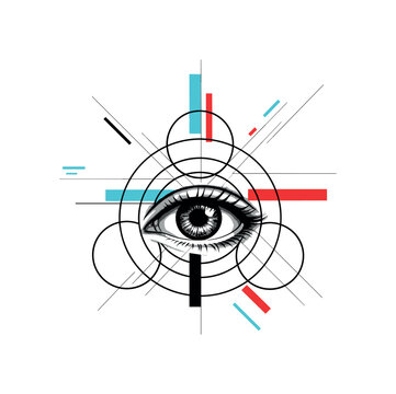 monochrome eye with three concentric circles forming triangular alignment around it representing divine trinity awareness, geometric rectangles and diagonal