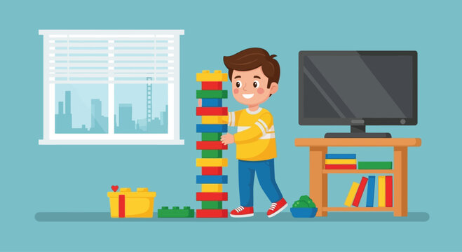 Young boy playing with blocks near television.