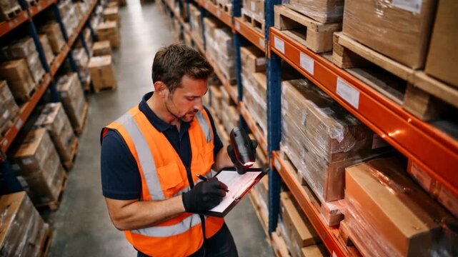 Warehouse worker using scanner and tablet for inventory management in a distribution center.

